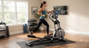 A woman working out on a long stride length elliptical to achieve a full range of leg motion.