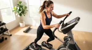 Close-up of a woman engaged in a consistent cardio workout on an elliptical machine designed for weight loss.