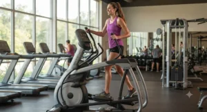 A woman who is over 6 feet tall enjoying a full-body workout on a commercial-grade elliptical.