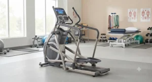 Medical grade elliptical machine featuring secure support handrails and low step-up height