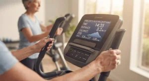 Digital console on an adjustable stride elliptical machine showing workout metrics.