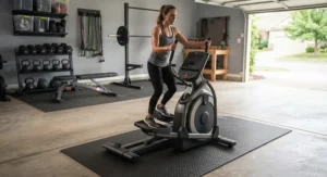 An athlete performing a cardio workout on a commercial-style heavy duty elliptical inside a suburban garage gym.