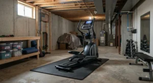 A dedicated cardio corner featuring an elliptical machine in a functional unfinished basement home gym.