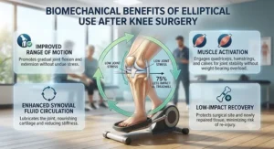 Infographic showing the biomechanical benefits of using an elliptical machine after knee surgery for joint recovery.