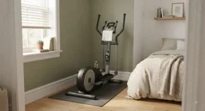 An ergonomic budget elliptical trainer ready for daily low-impact cardio workouts in a home bedroom setup.