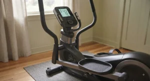 Close-up of a modern, compact elliptical trainer designed for quiet home cardio workouts.