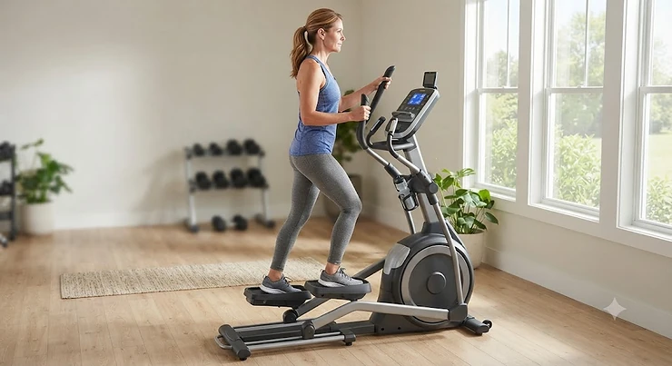 A person using an ergonomic low-impact elliptical machine designed as the best elliptical for joint pain in a bright home gym.
