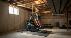 A low-profile elliptical trainer placed in a basement home gym to accommodate low ceiling heights.