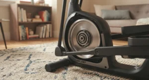Close-up of a high-quality, quiet elliptical machine flywheel designed for smooth and silent apartment workouts.