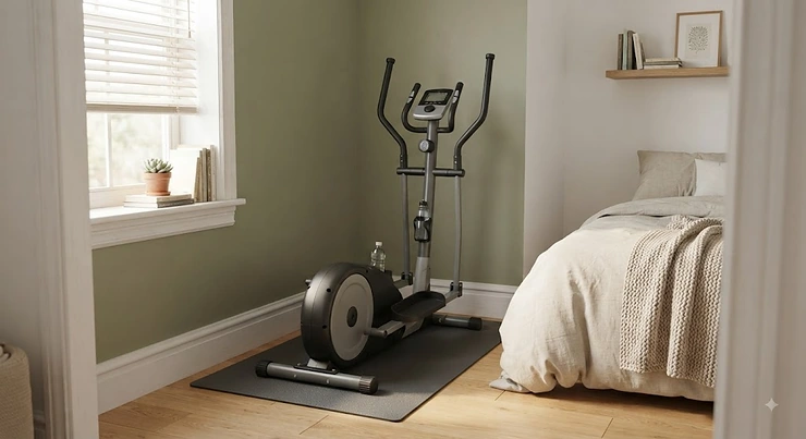 A compact budget elliptical set up in a cozy bedroom corner, demonstrating a space-saving home workout solution.
