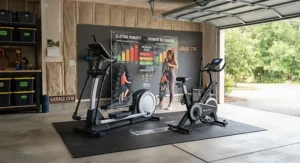 Infographic displaying estimated calorie burn rates for elliptical workouts versus stationary biking at similar intensity levels.