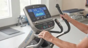 Close-up of the digital console and biometric tracking on a medical grade elliptical machine