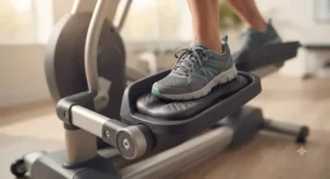 Close-up of cushioned elliptical pedals that reduce stress on knees and ankles.