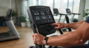 Close-up of the advanced digital console on a commercial-grade office gym elliptical machine.