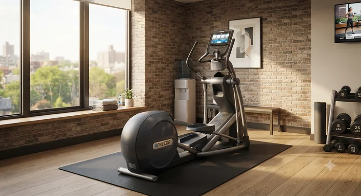 A sleek commercial elliptical trainer set up in a compact boutique hotel fitness room, ideal for guests. commercial elliptical for small hotel gym