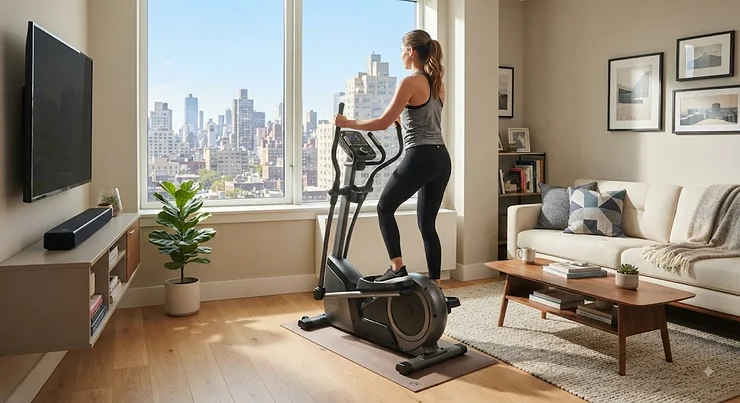 A sleek, compact elliptical machine fitting perfectly in a modern small apartment living room.