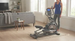 A space-saving, compact elliptical trainer set up neatly in a modern apartment for convenient joint-friendly workouts.