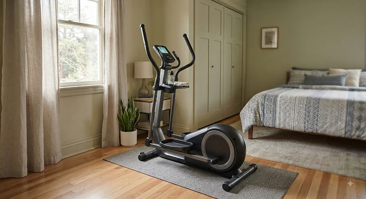 A sleek, compact elliptical machine fitting perfectly in the corner of a small bedroom. compact elliptical for small bedroom workouts