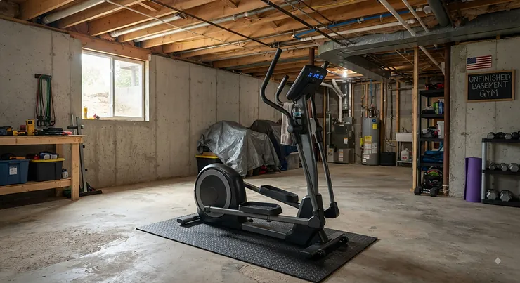 A compact elliptical machine set up in an unfinished basement gym with concrete floors and exposed beams. elliptical for unfinished basement gym