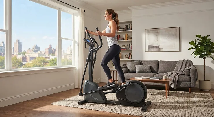 A compact, quiet elliptical machine placed in a small, modern apartment living room.