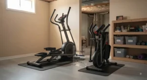 Visual comparison showing a full-size elliptical versus a foldable elliptical designed for basement space efficiency.