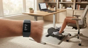 A fitness tracker showing activity metrics while using a compact elliptical for daily desk breaks and active wellness.
