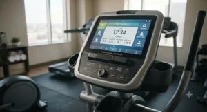 User-friendly digital console and touchscreen display on a commercial elliptical for a hotel gym.