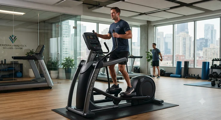 Employee working out on a durable commercial elliptical machine in a modern corporate office gym. durable elliptical for corporate office gym