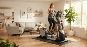 A durable elliptical for multi-user family home set up conveniently in a bright, modern living room.
