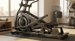 Heavy-duty steel frame construction of a commercial elliptical built for high-traffic hotel gym use.