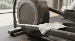 Detail view of the wipe-clean steel frame on a low maintenance elliptical for apartment fitness center cleaning and hygiene upkeep.