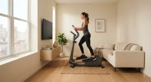 Minimalist elliptical machine integrated into a small living room setup, showing layout efficiency.