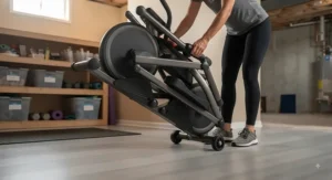 Foldable elliptical machine featuring transport wheels, making it easy to move for basement storage.