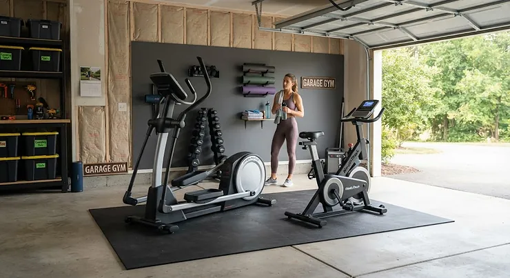 A home garage gym showing an elliptical machine and stationary bike side by side for a versatile workout space. elliptical vs stationary bike for garage workouts