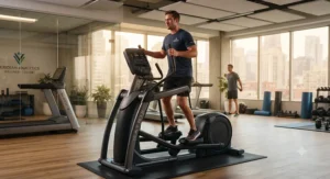 Professional employee completing a morning cardio session on a durable office gym elliptical.