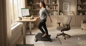 A professional taking a quick stretching and pedaling break on a compact elliptical to boost afternoon energy at home.