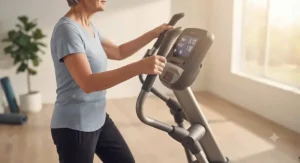 Ergonomic moving handlebars on a compact elliptical for upper body support during workouts.