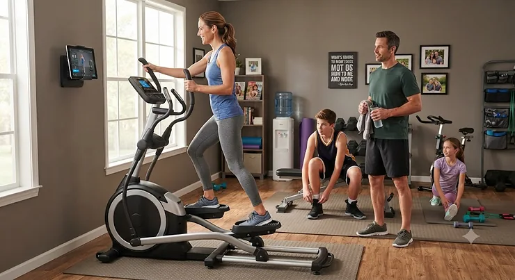 Family members taking turns using an elliptical machine in a shared multi-user family home gym.