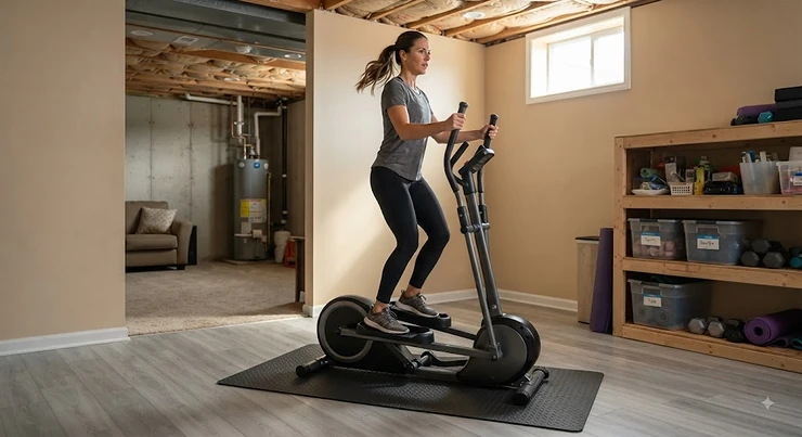 Compact foldable elliptical trainer set up for a workout in a finished home basement with limited storage space. foldable elliptical for basement storage space