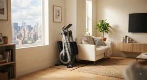 A folding elliptical machine that provides a space-conscious fitness solution for small living room floor plans.