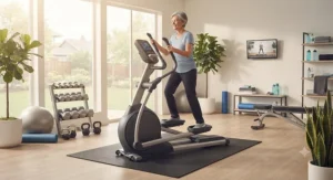 A fully equipped home gym setup featuring a premium elliptical machine for arthritis sufferers.