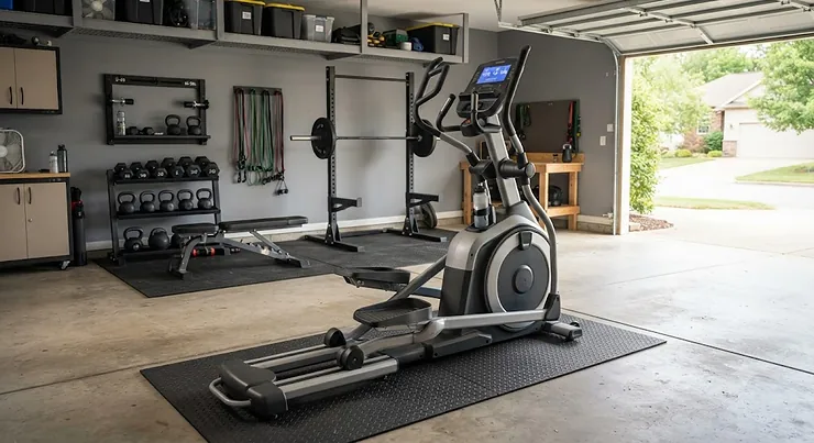 A professional-grade heavy duty elliptical machine positioned in a well-lit residential garage gym.