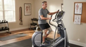 A middle-aged man doing a controlled home workout on an elliptical machine to regain knee strength after surgery.