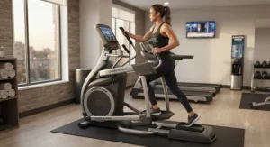 Hotel guest working out on a durable commercial elliptical machine designed for small fitness facilities.