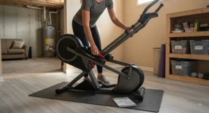 Step-by-step demonstration of folding an elliptical machine to save space in a basement storage area.