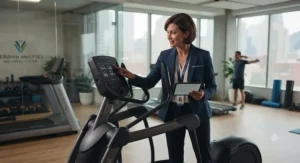 HR wellness director reviewing a durable commercial elliptical machine in a corporate office fitness center.
