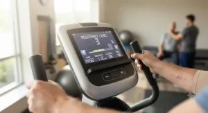 Digital console of an elliptical machine showing low resistance settings recommended for post knee surgery workouts.