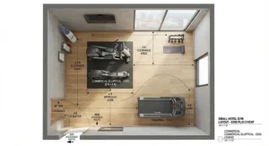 Floor plan illustration showing proper spacing and placement of a commercial elliptical in a small hotel gym layout.