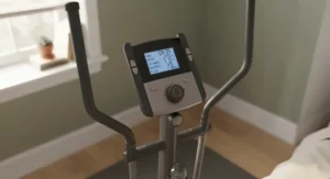 The illuminated digital LCD display panel of a budget elliptical machine tracking workout metrics in a bedroom.