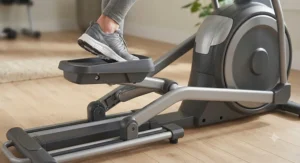 Close-up of a smooth gliding pedal motion on a premium cardio trainer, ideal for joint pain relief.
